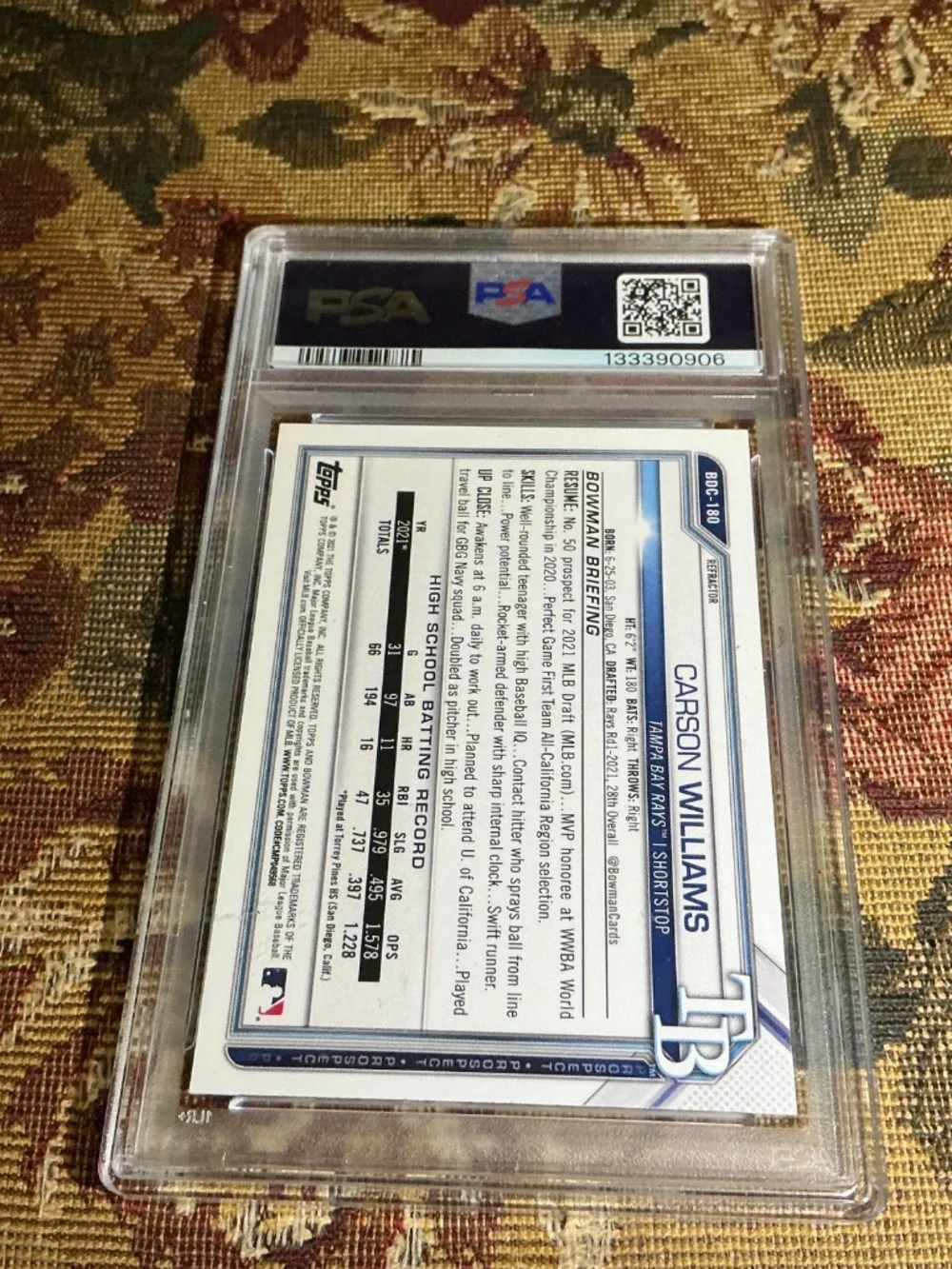 2021 BOWMAN DRAFT CHROME-REFRACTOR #BDC180 CARSON WILLIAMS Rookie Graded PSA 9